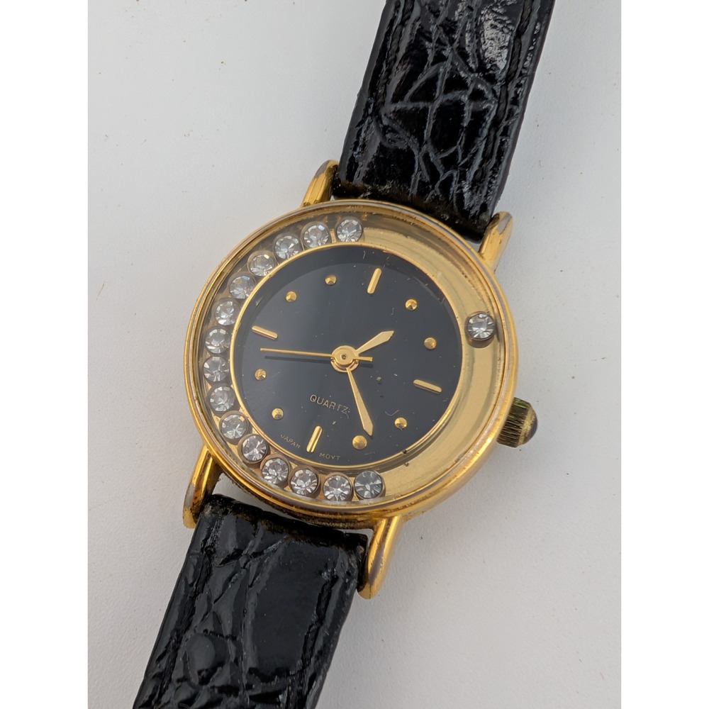 Avon Floating Crystal Bezel Women's Watch Black Leather Band- New Battery